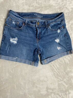 Aeropostale Women's Distressed Roll-Cuff Denim Shorts - Dark Blue